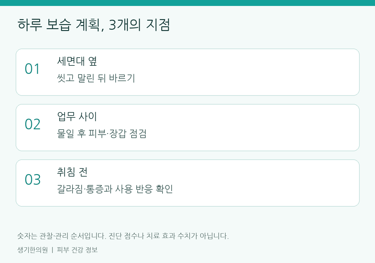 생활과 진료 준비에 관한 설명도. 개인별 관리 방법은 피부 상태에 따라 달라집니다.