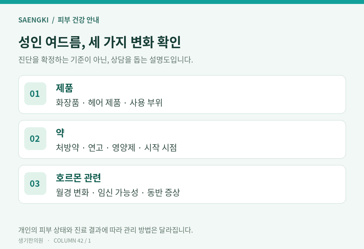 성인 여드름, 세 가지 변화 확인 — 진단을 확정하는 표가 아닌 설명도입니다.