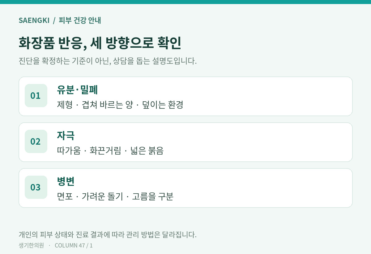 화장품 반응, 세 방향으로 확인 — 진단을 확정하는 표가 아닌 설명도입니다.