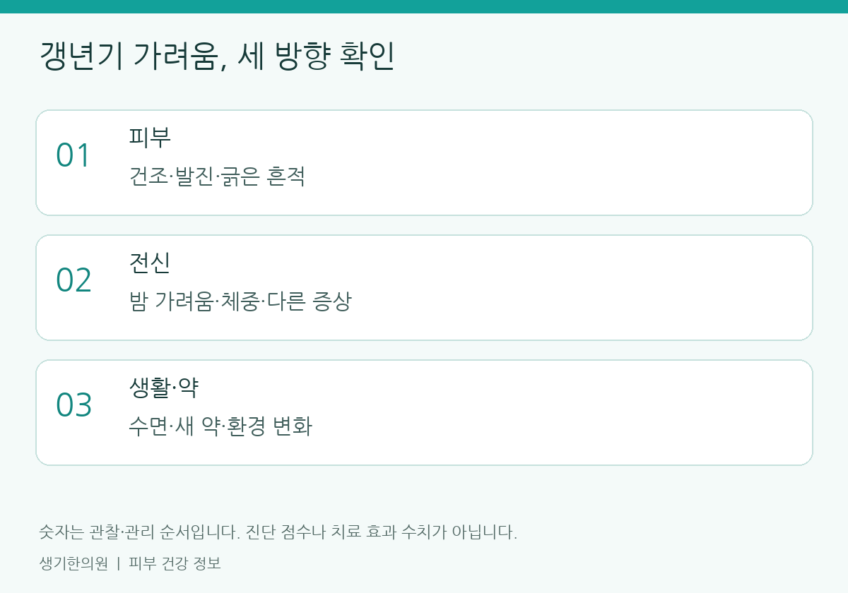 관찰할 항목을 정리한 설명도. 숫자는 진단 점수가 아닙니다.