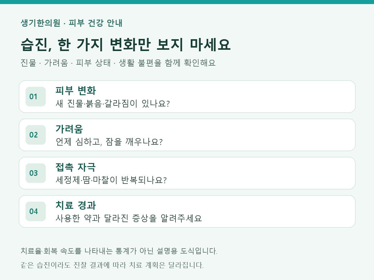 습진 경과에서 피부 변화, 가려움, 접촉 자극, 치료 경과를 함께 확인하는 설명 도식